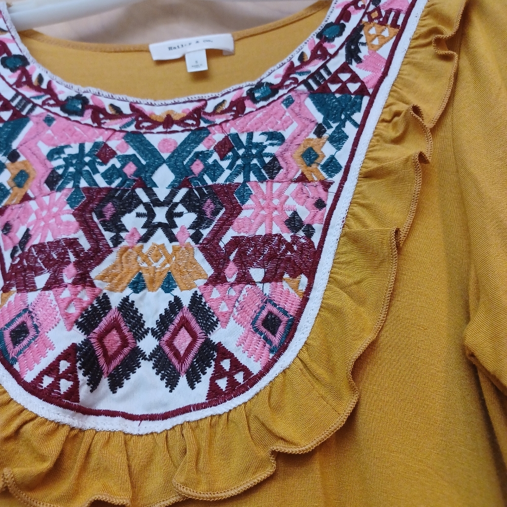 Yellow Boho Ruffle Embroidered Top S Boho Hailey … - image 8